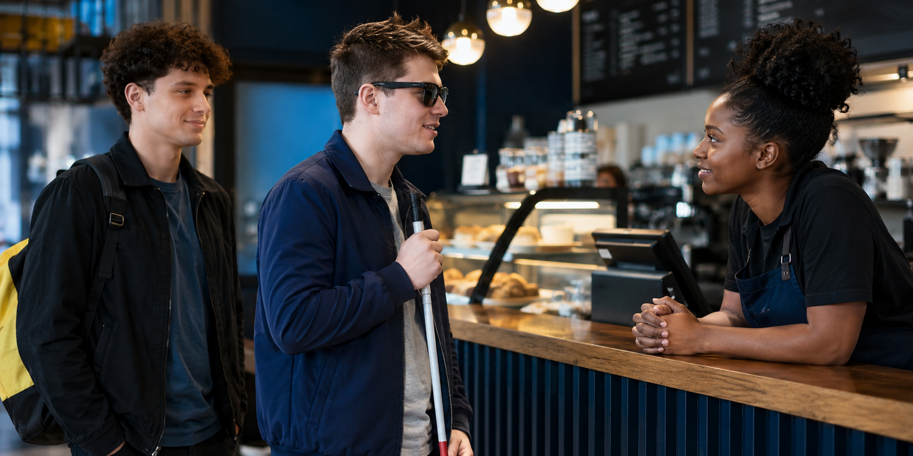 A visually impaired person being addressed directly while ordering at a café