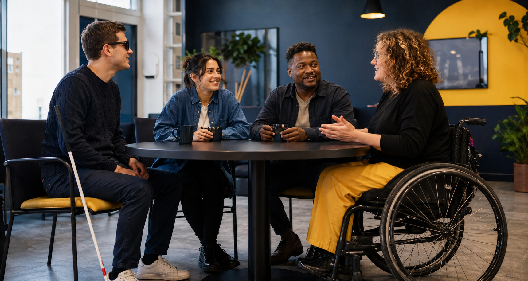 Disabled and non-disabled people taking part in an inclusive discussion